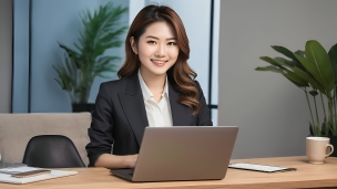 ノートPCの前で微笑む黒いスーツ・白いYシャツを着た茶髪の女性 / オフィス / 茶髪のフリー素材・写真・画像