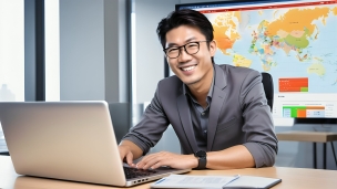 ノートパソコンと眼鏡をかけたグレーのスーツを着たビジネスマン / 世界地図が映ったスクリーンのフリー素材・写真・画像