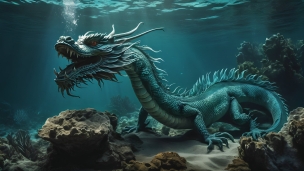 海底にいる水色のかっこいいドラゴンのフリー素材・写真・画像