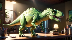 机の上の緑の恐竜 / ティラノサウルス / ペン立てのフリー素材・写真・画像