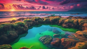 海の近くの岩礁に囲まれた緑がかった水たまり / 夕陽のフリー素材・写真・画像