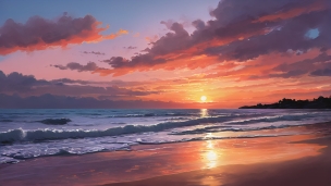 押し寄せる波と夕陽と空 / イラストのフリー素材・写真・画像