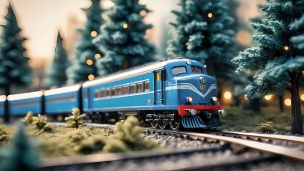カーブを曲がる水色・赤の電車 / 森のフリー素材・写真・画像