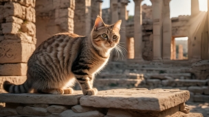 神殿跡地の壁面に座る茶色い猫のフリー素材・写真・画像