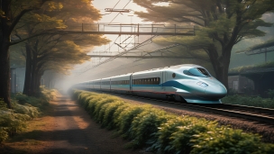緑豊かな土地を走行するかっこいい水色の電車のフリー素材・写真・画像