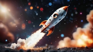噴煙を巻いて離陸する可愛いロケットのフリー素材・写真・画像