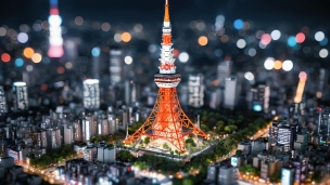 夜の都会と光る東京タワー / CGのフリー素材・写真・画像