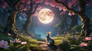 ピンクの花と可愛い兎と満月 / 綺麗のフリー素材・写真・画像