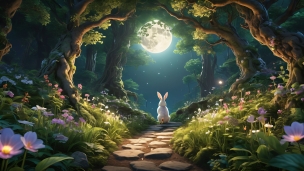 緑豊かな森の小道で満月を見る兎の後ろ姿 / 幻想的のフリー素材・写真・画像