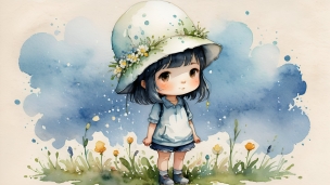 白い花飾りが付いた帽子を被る女の子 / イラストのフリー素材・写真・画像