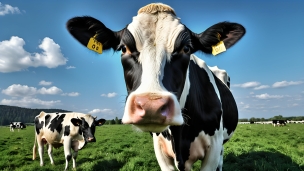 カメラを見る黒・白の牛のフリー素材・写真・画像