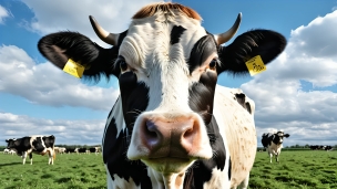 こちらを見る白黒の牛 / 牧場のフリー素材・写真・画像