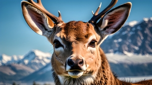 こっちを見つめる茶色い雄鹿 / 雪山のフリー素材・写真・画像