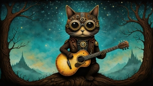 星空の下、木に座りギターを弾く眼鏡をかけた猫のフリー素材・写真・画像