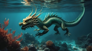海の中を泳ぐ中国風のドラゴンのフリー素材・写真・画像