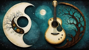 満月と星空とギターのフリー素材・写真・画像