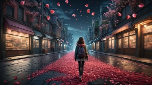 ピンクの花びらが舞う道を歩く女の子 / 綺麗のフリー素材・写真・画像