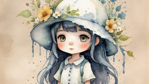 花や草の飾りがついた帽子を被った女の子 / イラストのフリー素材・写真・画像