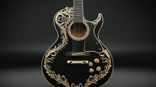 金の装飾 / 黒地のギター / かっこいいのフリー素材・写真・画像