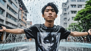 噴水の前でびしょ濡れで両手を広げる黒いTシャツを着た日本人男性のフリー素材・写真・画像