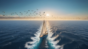 渡り鳥と大海原を航行するヨットのフリー素材・写真・画像