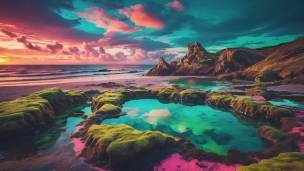 極彩色の海 / 潮だまり / 緑 / ピンクのフリー素材・写真・画像