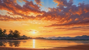 夕暮れ オレンジに染まるビーチのフリー素材・写真・画像