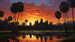 水面に反射するアンコールワット / 綺麗 / 夕陽 / カンボジアのフリー素材・写真・画像