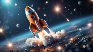 青い宇宙と発射するオレンジのロケット / 可愛いのフリー素材・写真・画像