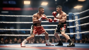 リング上で戦う2人のボクサーの攻防のフリー素材・写真・画像