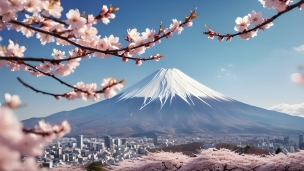 桜と富士山とビル群のフリー素材・写真・画像