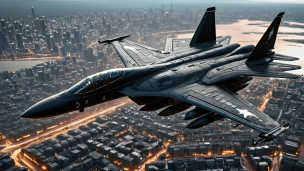 大都会の上を飛行するかっこいい黒い戦闘機のフリー素材・写真・画像