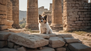 神殿跡地にお座りする可愛い犬のフリー素材・写真・画像