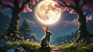 満月とピンクの花とウサギ / 綺麗のフリー素材・写真・画像
