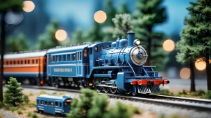 緑豊かな土地を走る青とオレンジの機関車 / 模型のフリー素材・写真・画像