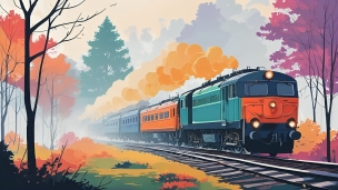 オレンジの煙をあげて走る可愛いカラフルな電車 / 紅葉のフリー素材・写真・画像