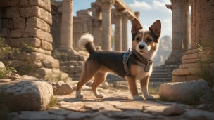 神殿跡と胴長の茶色い犬のフリー素材・写真・画像