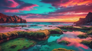 赤・エメラルドに染まる綺麗な海岸と空のフリー素材・写真・画像