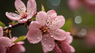 水滴のついたピンクの桜の花 / ブラーのフリー素材・写真・画像