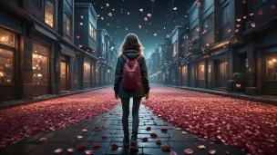 赤い花びらが舞う夜の街 / 綺麗 / ピンクのリュックを背負う女の子 / 幻想的のフリー素材・写真・画像