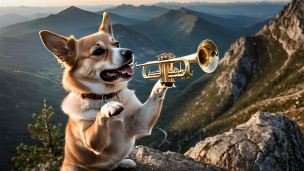山頂で管楽器を吹く犬のフリー素材・写真・画像