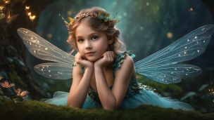頬杖をついてこちらを見つめる羽の生えた妖精風の女の子のフリー素材・写真・画像