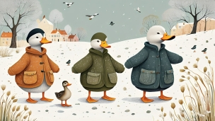 雪原を歩く洋服を着た鴨のポップなイラストのフリー素材・写真・画像