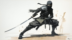 右手に刀を持つ黒づくめの忍者 / イラストのフリー素材・写真・画像