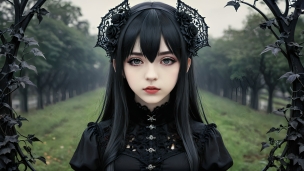 黒髪ロングのゴスロリの少女のフリー素材・写真・画像