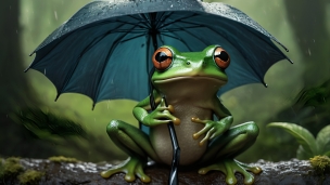 壊れた黒い傘をさす緑の蛙のフリー素材・写真・画像
