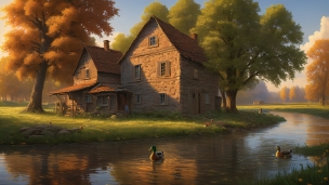 茶色い家と紅葉と川を泳ぐ鴨のフリー素材・写真・画像