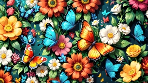 カラフルな花と蝶 / イラストのフリー素材・写真・画像