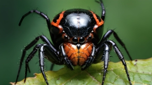 葉にとまる黒とオレンジの蜘蛛 / クローズアップのフリー素材・写真・画像