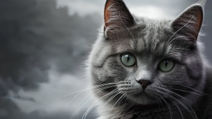 長い白い髭が生えたグレーの猫のフリー素材・写真・画像